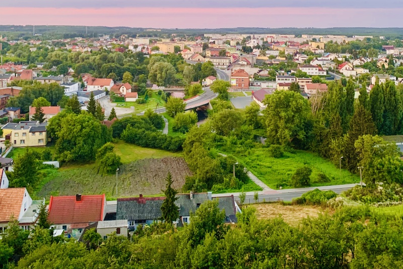Widok z wieży na miasto. Widoczne dachy domów.