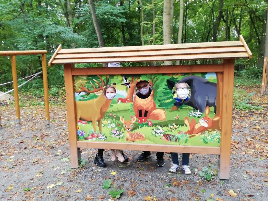 Plansza edukacyjna na ścieżce przyrodniczej Syrenich Stawów - portret jelenia, lisa i dzika z wyciętymi otworami na głowy