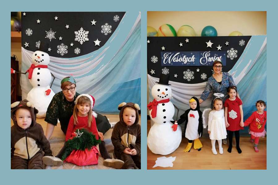 dwa zdjecia grupowe - dzieci z nauczycielką