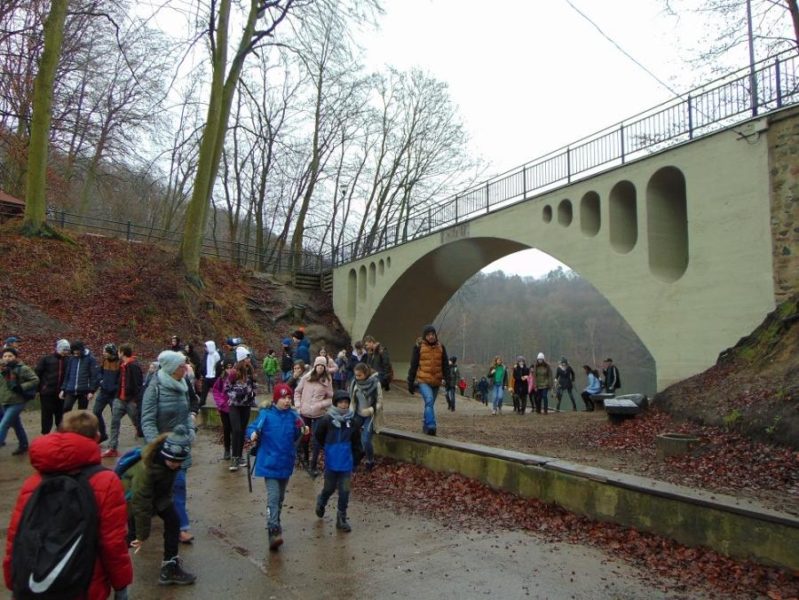 młodzież przed wiaduktem, w tle jezioro, las