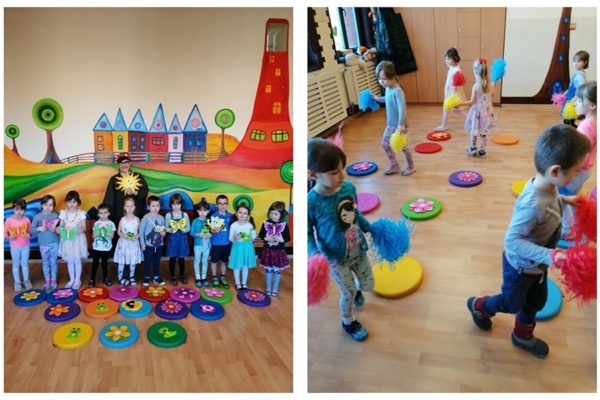dwie fotografie przedstawiające bawiacych się przedszkolaków