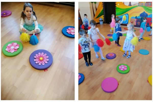 dwie fotografie przedstawiające bawiacych się przedszkolaków