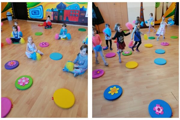 dwie fotografie przedstawiające bawiacych się przedszkolaków