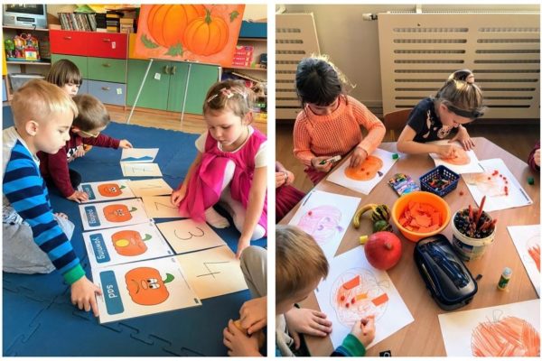 dwa zdjecia dzieci podczas zajęć