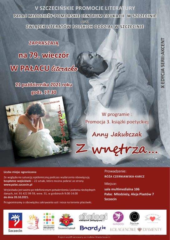 plakat zapraszający na 79 wieczór literacki, okładka tomiku wierszy, kobieta w bieli
