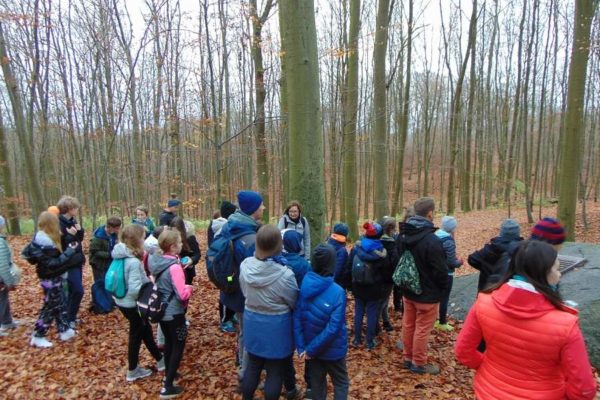 Uczniowie przy dużym głazie, las