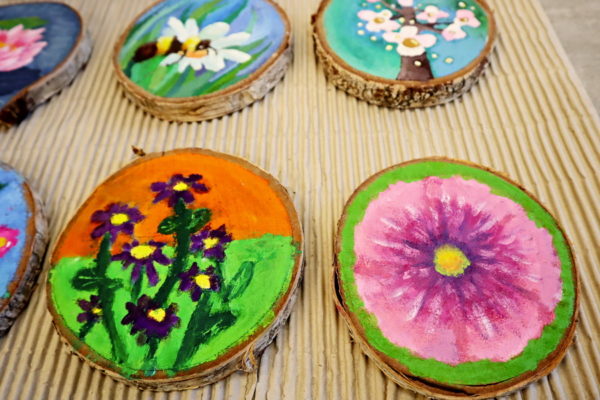 plastry drewna z namalowanymi roślinami i owadami