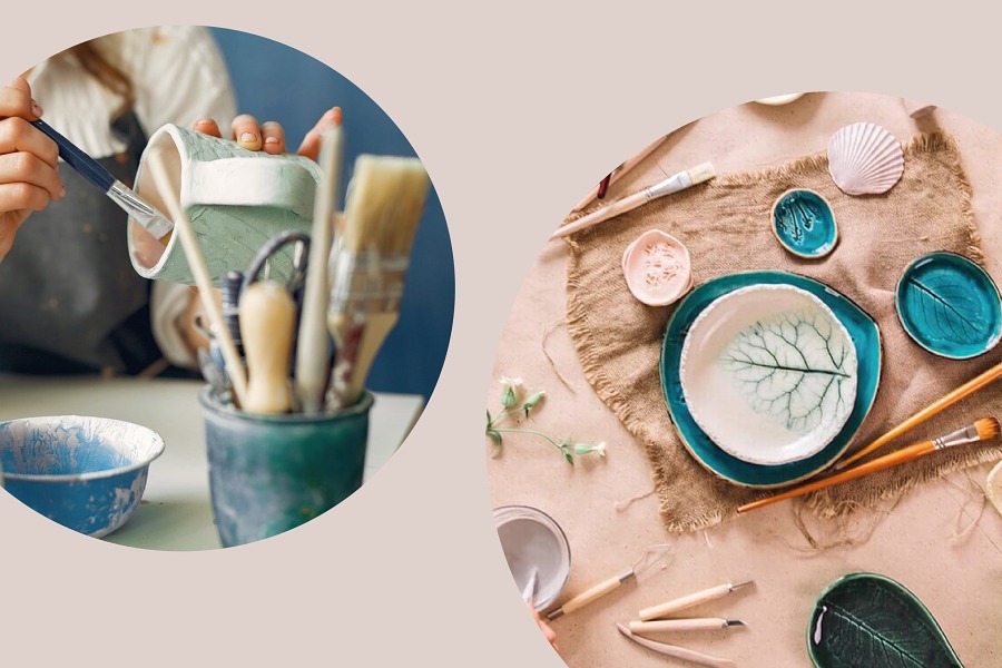 dwa zdjęcia przedstawiające wyroby ceramiczne i pędzle