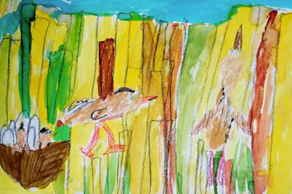 praca plastyczna przedstawiająca ptaka - bąka