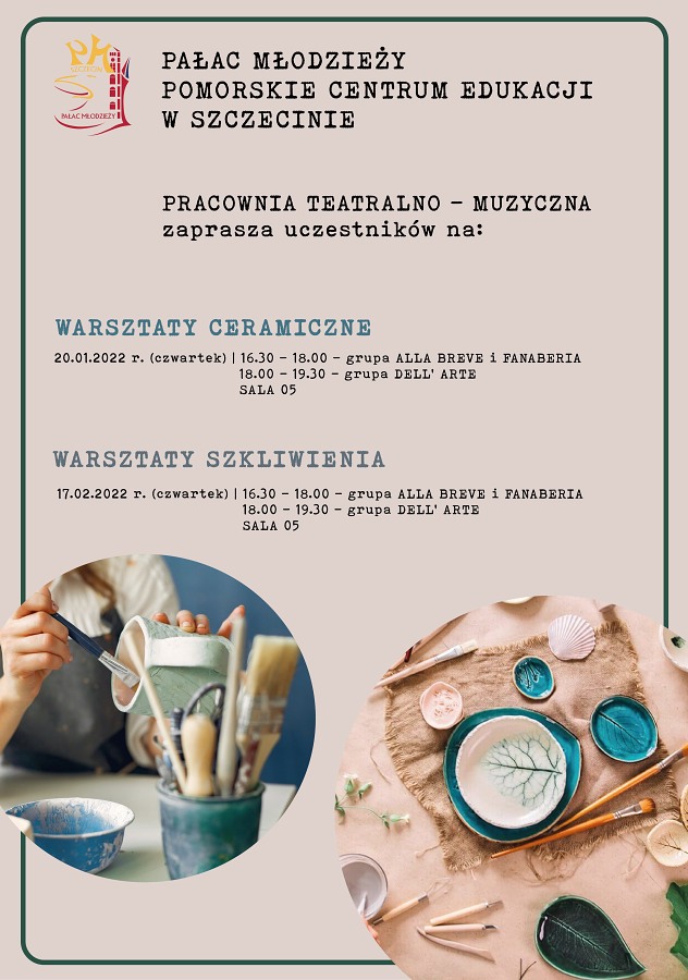 plakat informujący o warsztatach szkliwienia i ceramicznych
