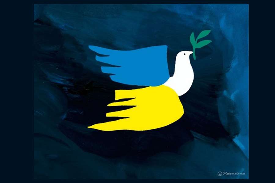 grafika gołąb z barwach Ukrainy z gałązką oliwną