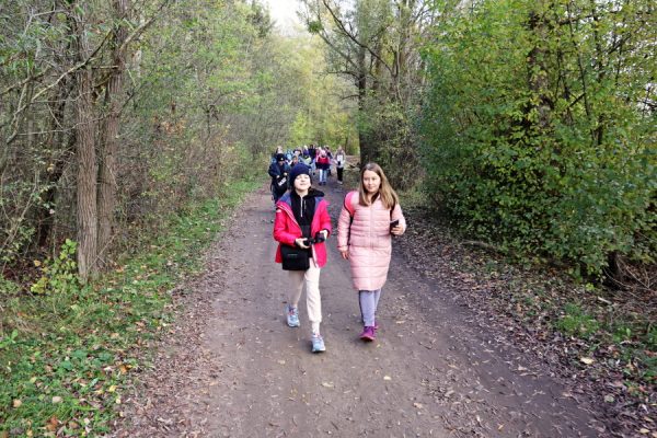 grupa dzieci idzie ścieżką