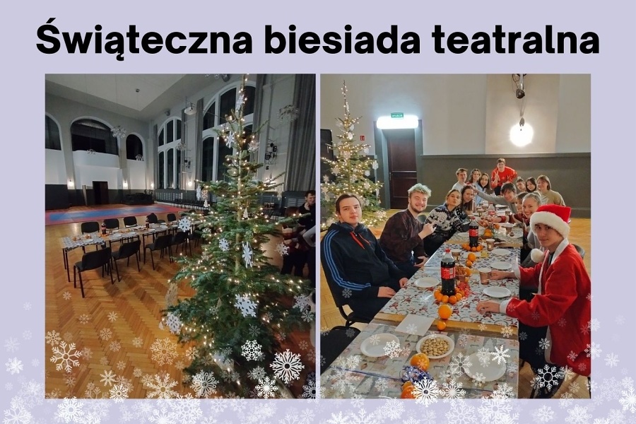 kolaż zdjęć z choinką i młodzieżą przy stole