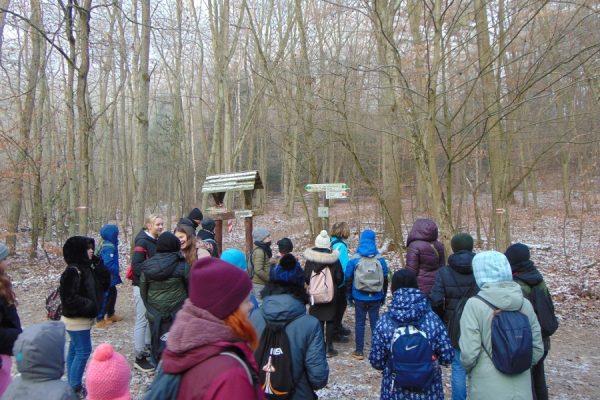 droga leśna, drogowskazy ze szlakami, grupa młodzieży