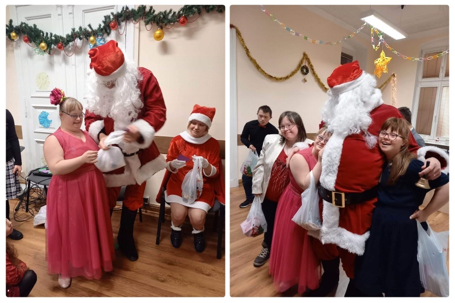 dwa zdjęcia na obu Mikołaj i osoby otrzymujace prezenty