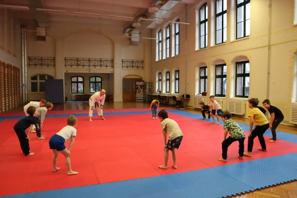 grupa dzieci w trakcie zajęć karate