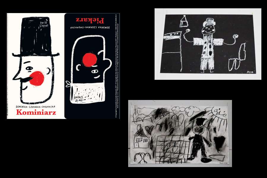 kolaż okładki książki i dwie prace plastyczne