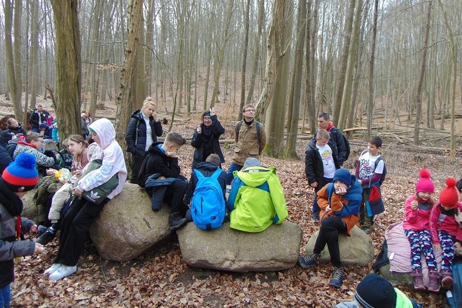 Dzieci siedzące na kamieniach w lesie
