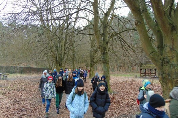 wędrująca przez las grupa turystów