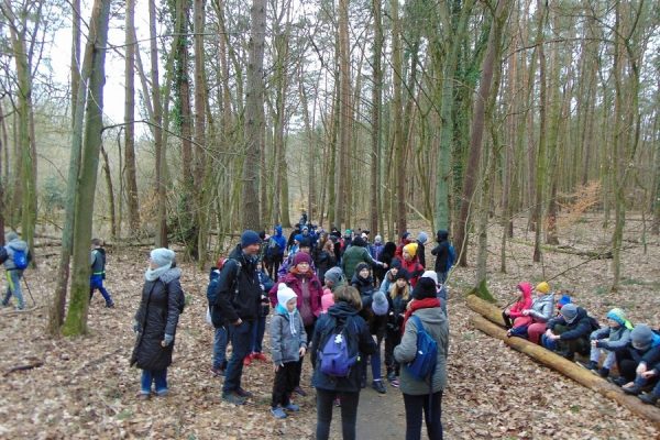 uczniowie przy pomnikowym dębie