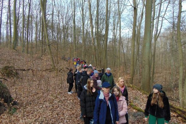 las, drogą idzie grupa młodzieży