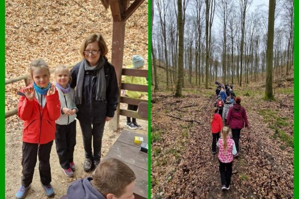 zestaw dwóch zdjęć, grupa dzieci idzie przez las i dwie dziewczynki z nauczycielką