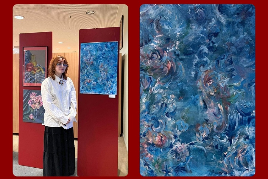 kolaż dwóch zdjęć - na jednym dziewczyna przy obrazie na drugim sam obraz