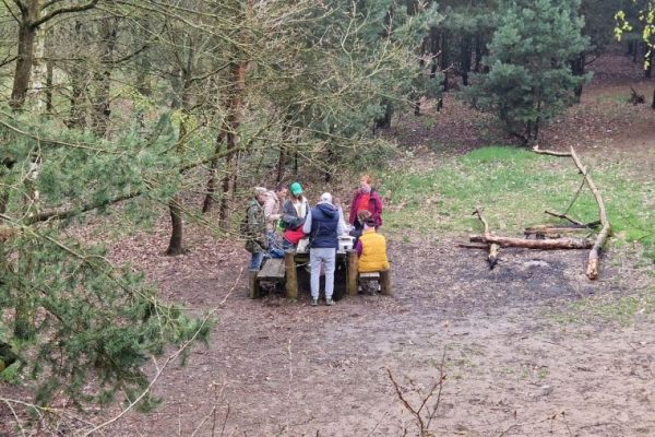 widok z wieży, w dole miejsce na ognisko, turyści przy stole