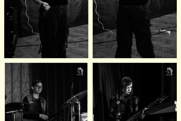 połączenie czterech fotografii czarno białych z koncertu