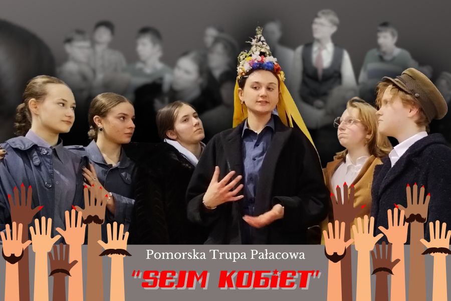 grafika zapowiadająca spektakl, grupa młodzieży pozuje do zdjęcia