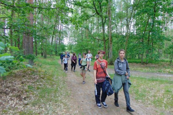 las, grupa młodzieży wędruje