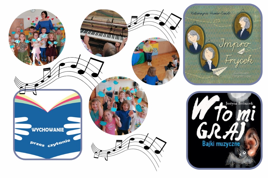 grafika z okładkami książek i zdjeciami z zajęć