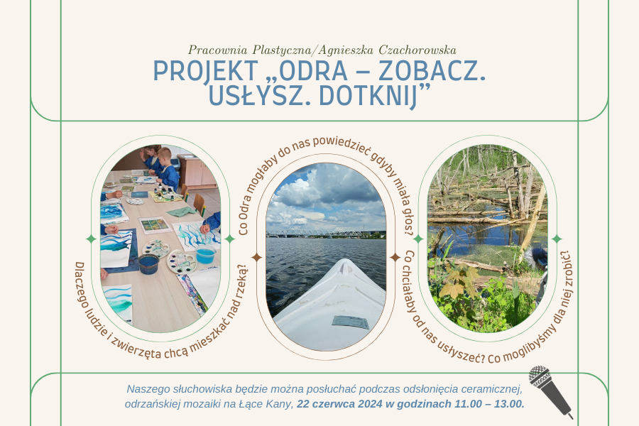 grafika z trzema zdjęciami i hasłem projektu odra. zobacz. usłysz . dotknij