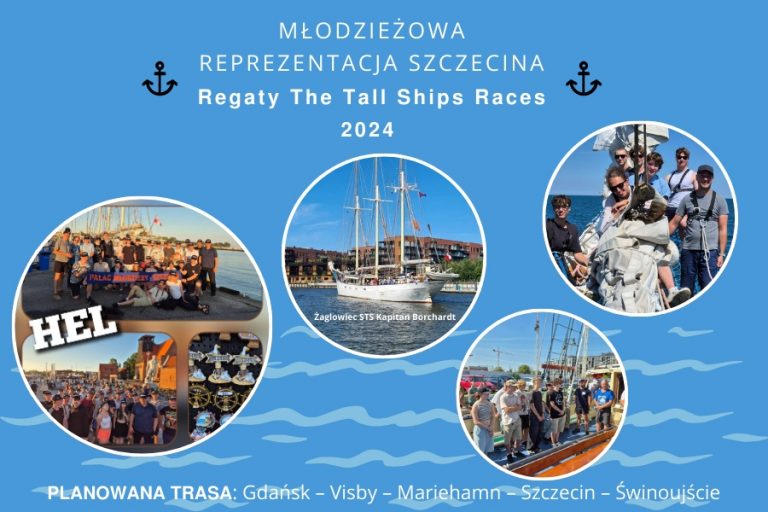 grafika ze zdjęciami z żaglowca i młodzieży na pokładzie