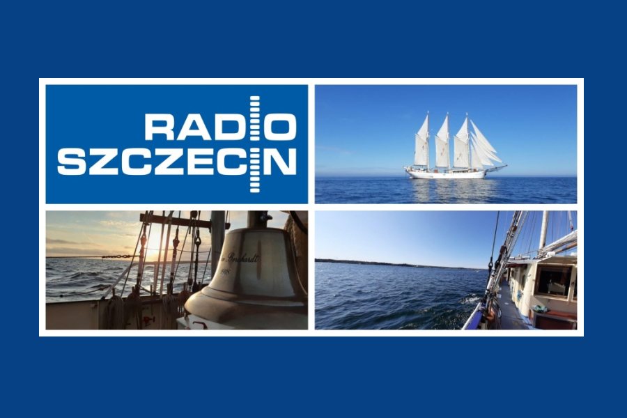 kolaż zdjęć żaglowca i logo Radia Szczecin