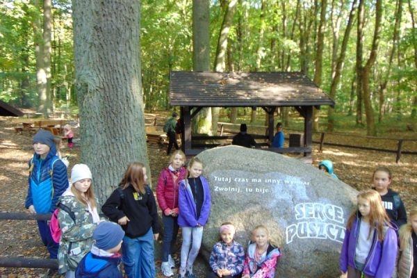 grupa młodzieży przy głazie