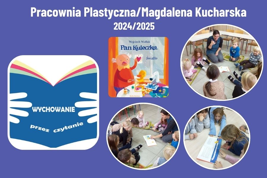 grafika ze zdjęciami z zajęć i okładką książki