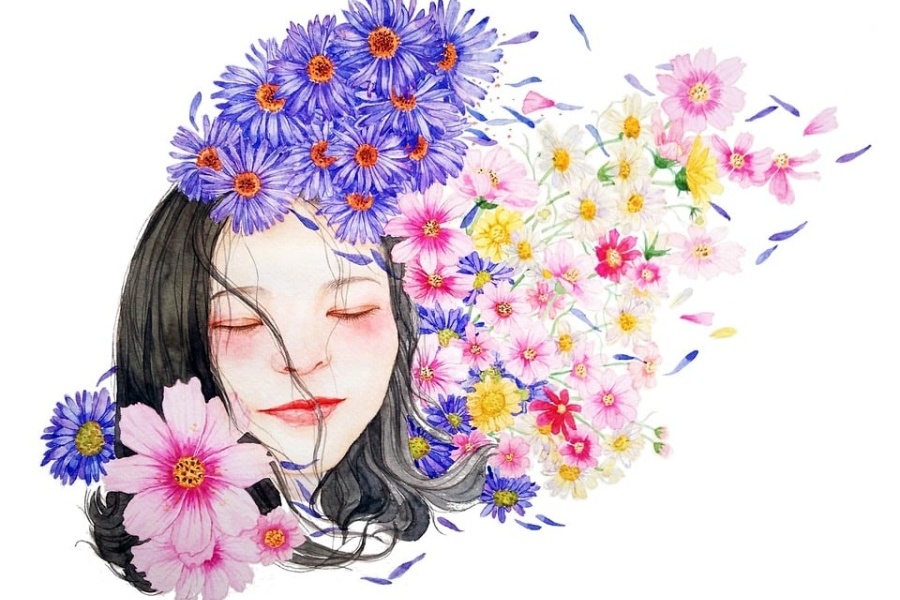 grafika kobieta z kwiatami