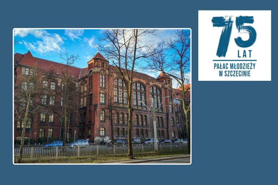 zdjęcie budynku pałacu i logo jubileuszu