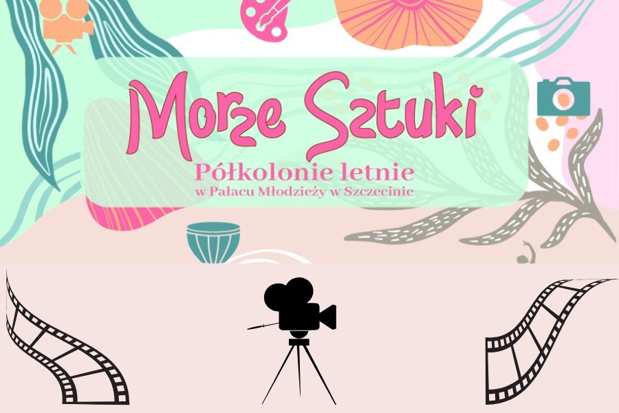 grafika z hasłem połkolonii i kamerą