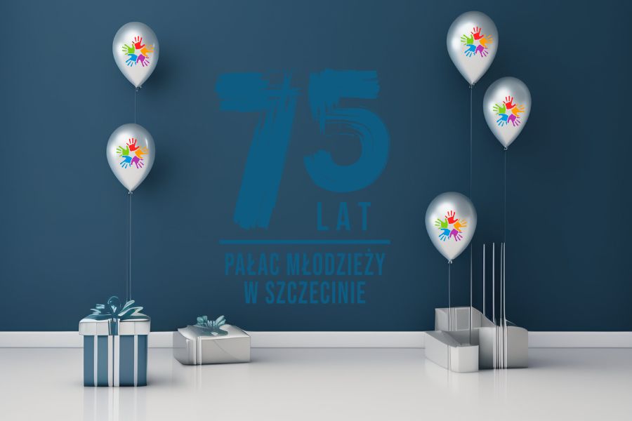 grafika z napisem 75 lat pałacu młodzieży i balonami