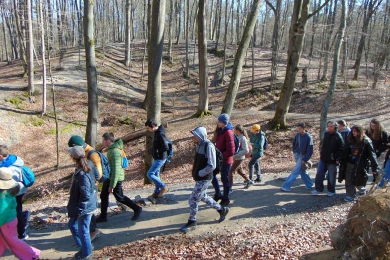 grupa młodzieży idzie przez las